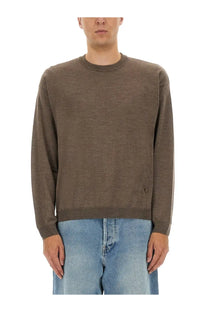 Moschino men’s wool and silk pullover brown crewneck sweater with soft heathered texture and ribbed cuffs