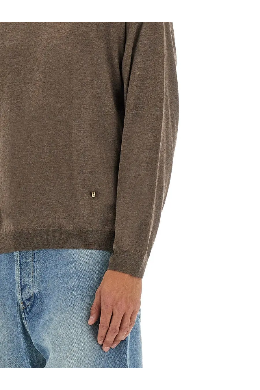 Moschino men’s wool and silk pullover brown knit sweater with heathered olive green texture and metallic logo tag near hem