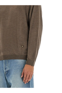 Moschino men’s wool and silk pullover brown knit sweater with heathered olive green texture and metallic logo tag near hem