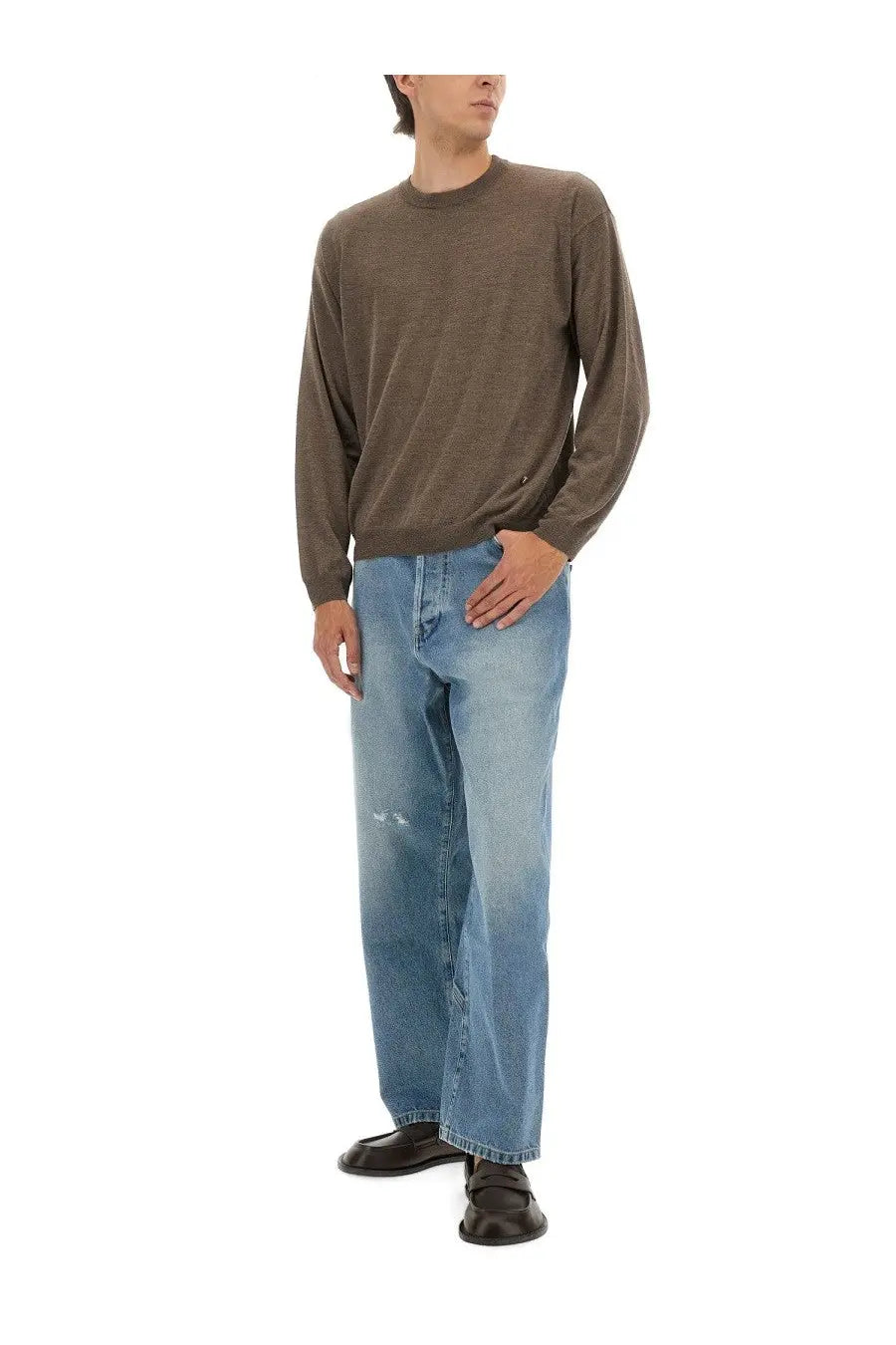 Moschino men’s wool and silk pullover brown with a soft olive-green knit and subtle textured pattern ribbed cuffs