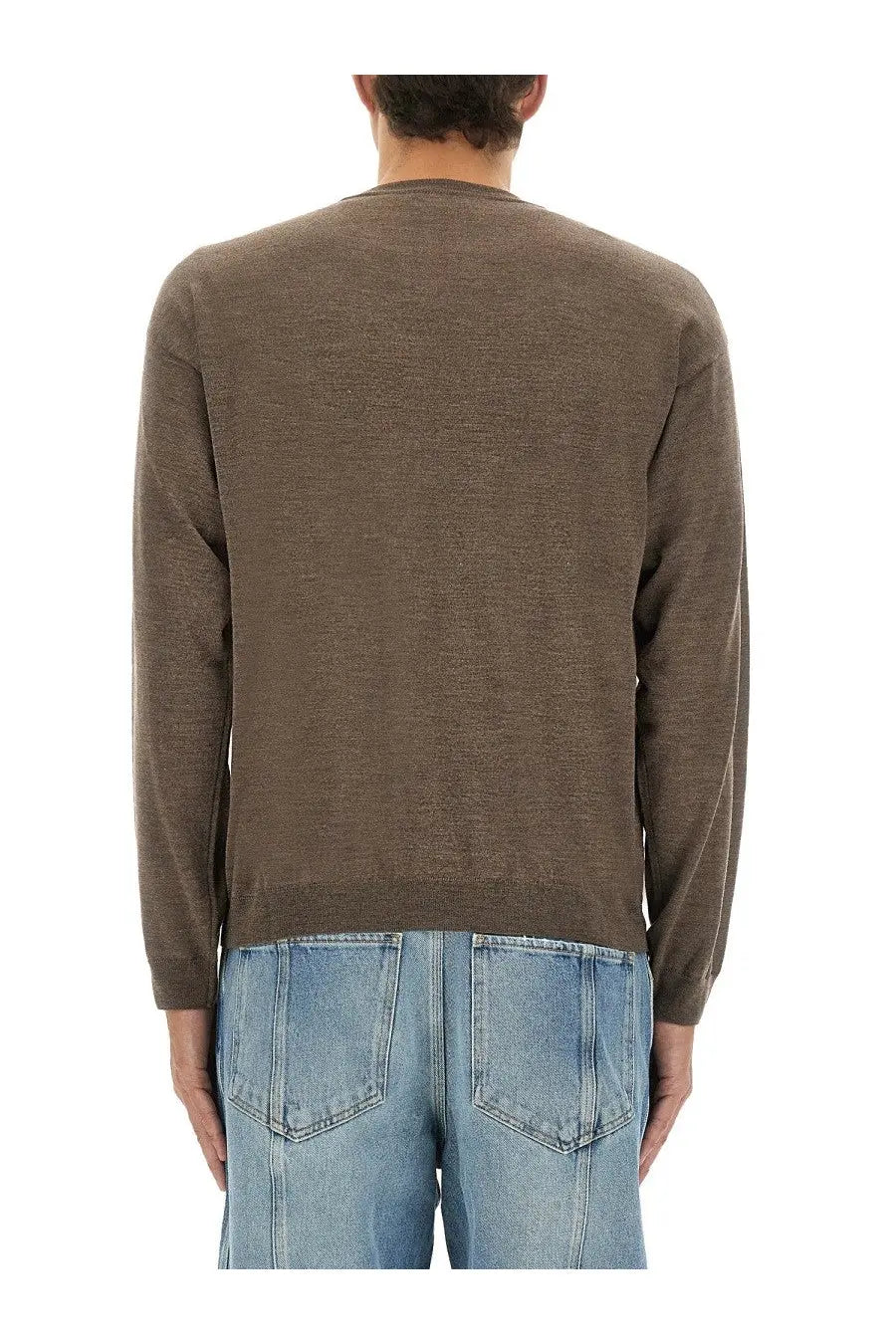 Moschino men’s brown wool and silk pullover featuring a textured knit crew neck and long sleeves