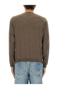 Moschino men’s brown wool and silk pullover featuring a textured knit crew neck and long sleeves