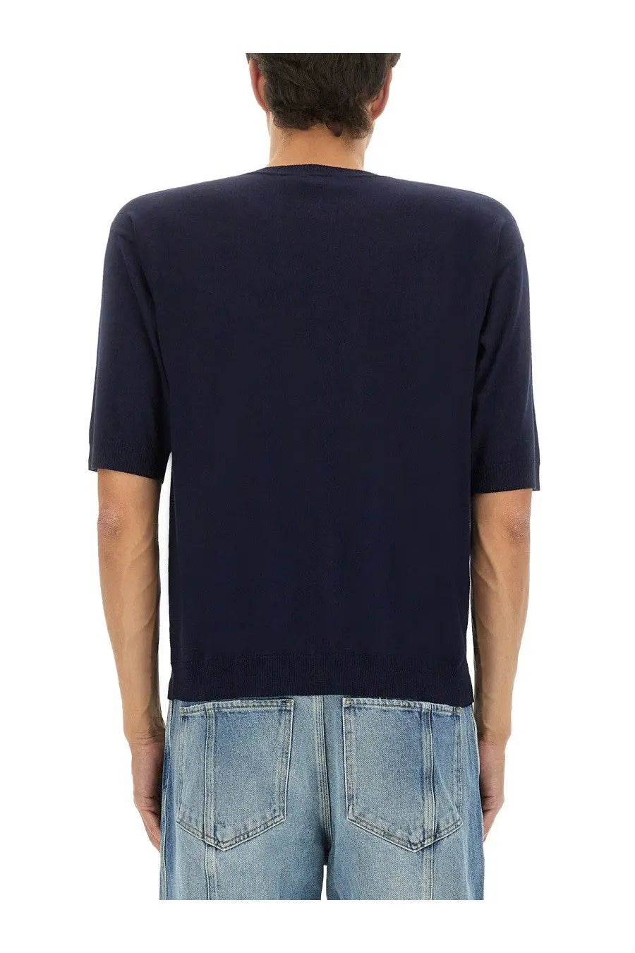 Navy blue Moschino men’s short-sleeved knit sweater made of wool and silk blend for stylish comfort