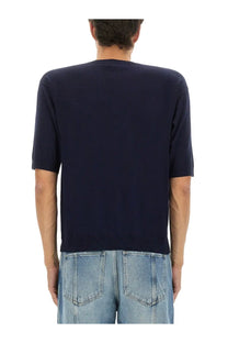 Navy blue Moschino men’s short-sleeved knit sweater made of wool and silk blend for stylish comfort