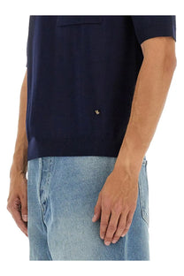 Navy blue Moschino men’s wool and silk short-sleeved knit polo shirt with chest pocket and gold embroidered logo