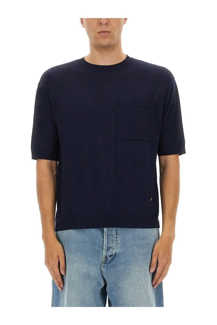 Navy blue Moschino men’s wool and silk short-sleeved knit t-shirt with chest pocket and ribbed hem