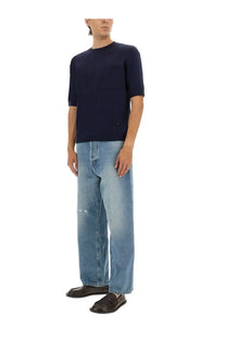 Navy blue short-sleeved knit tee with chest pocket in moschino men’s wool and silk sweater blue blend