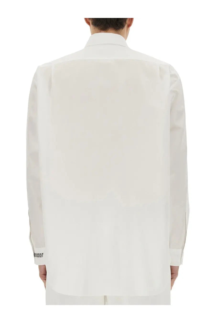 Moschino men’s wristwatch print shirt white crisp long-sleeved button-up with subtle sheen and black logo cuff embroidery