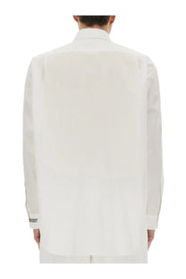 Moschino men’s wristwatch print shirt white crisp long-sleeved button-up with subtle sheen and black logo cuff embroidery
