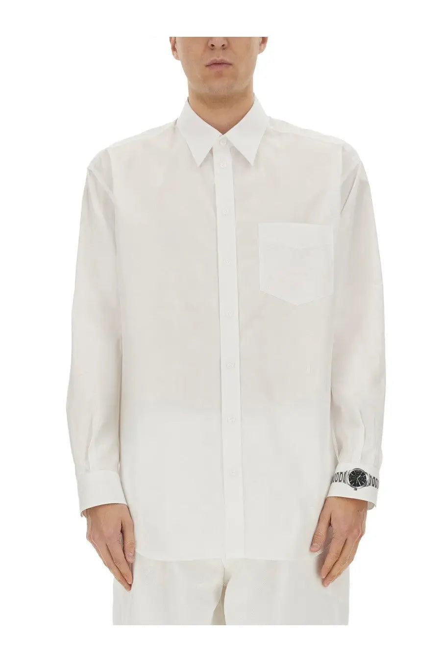 Moschino men’s wristwatch print shirt white long-sleeved button-down with textured weave and branded cuff detailing