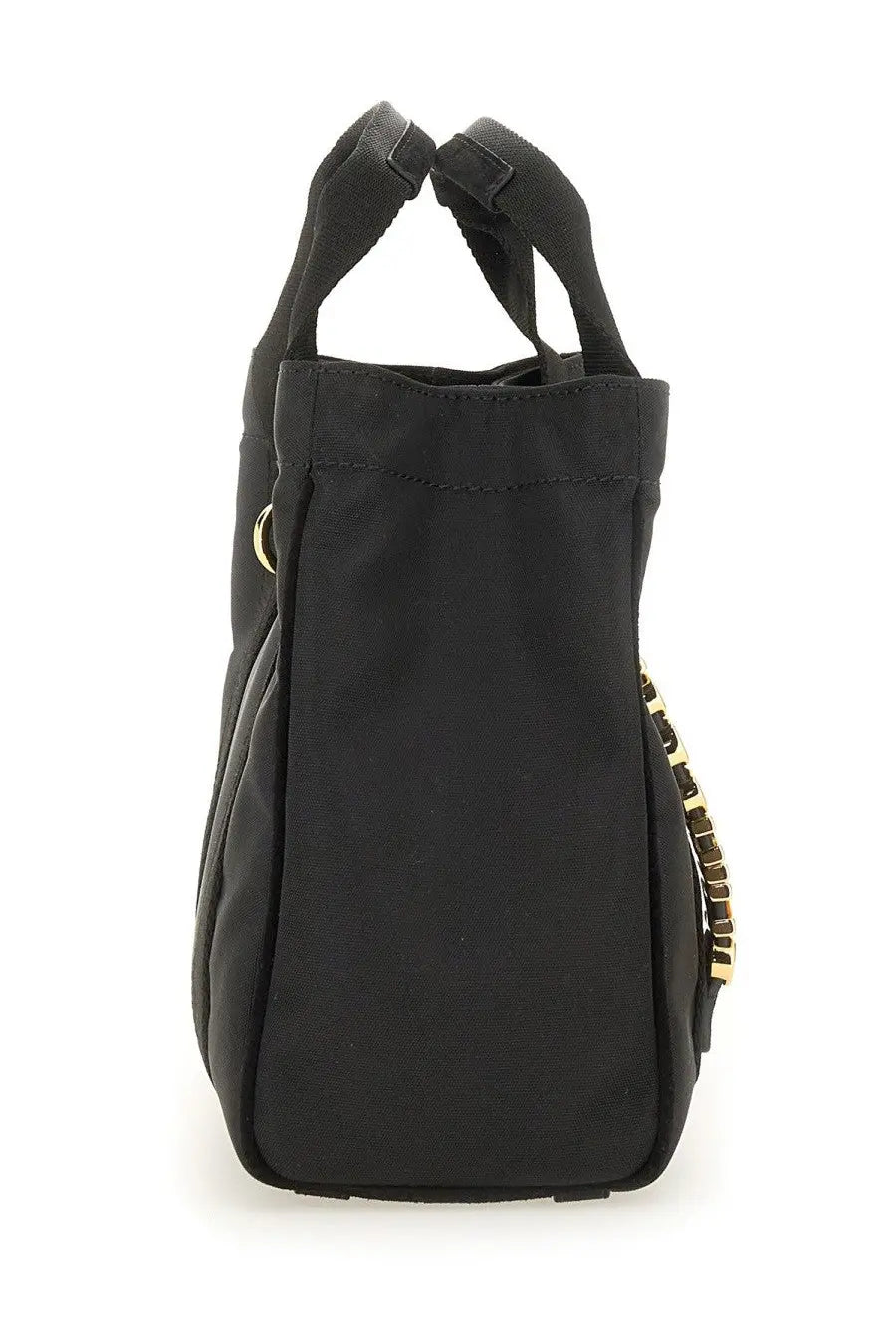 Moschino women’s black canvas tote bag with gold-tone hardware and zipper pull for stylish everyday use