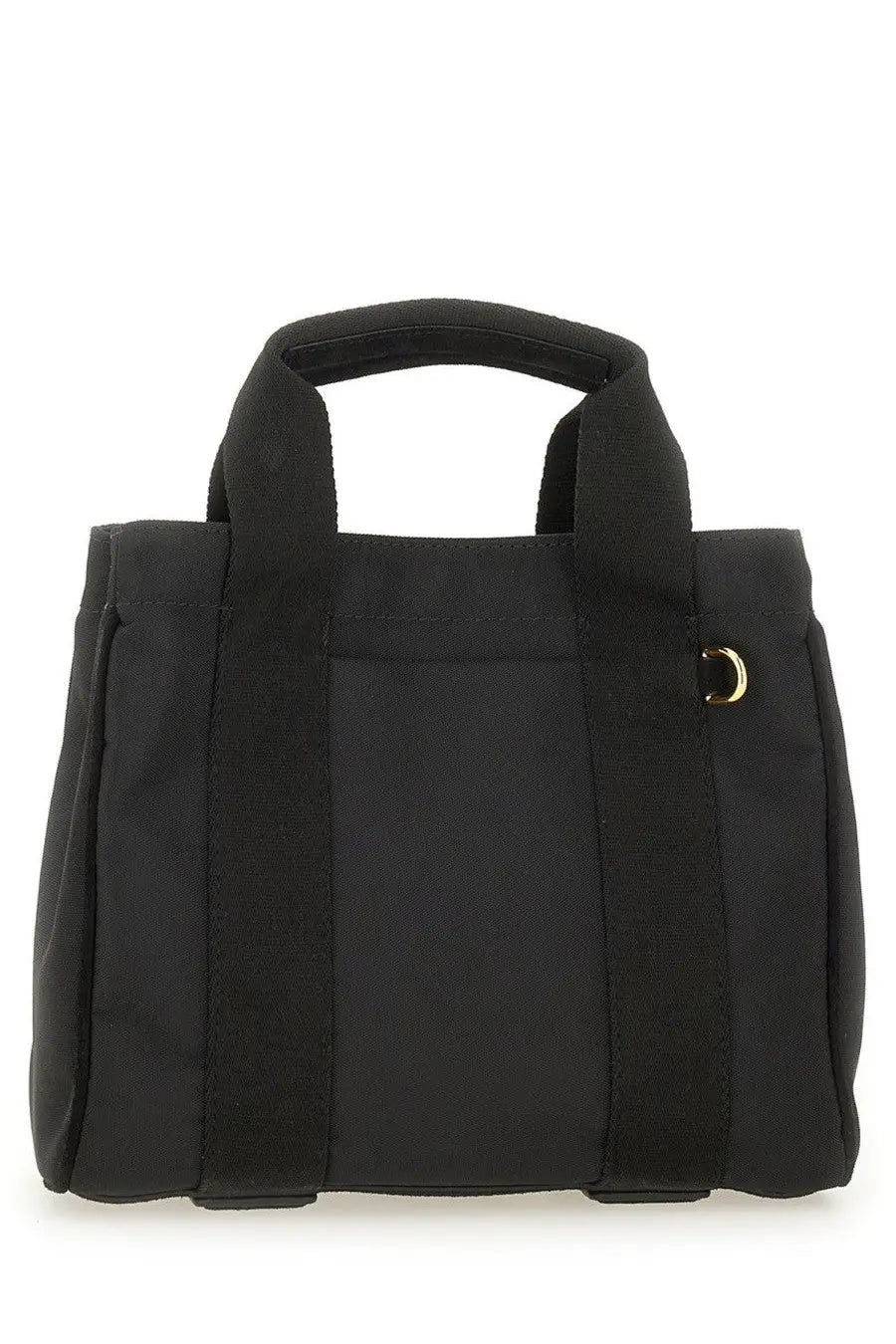 Moschino women’s black canvas tote bag with sturdy handles and gold-tone d-ring accent for everyday use