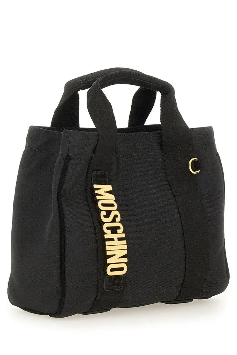 Moschino women’s black tote bag with gold-tone lettering and a metallic c-shaped clasp in leather material