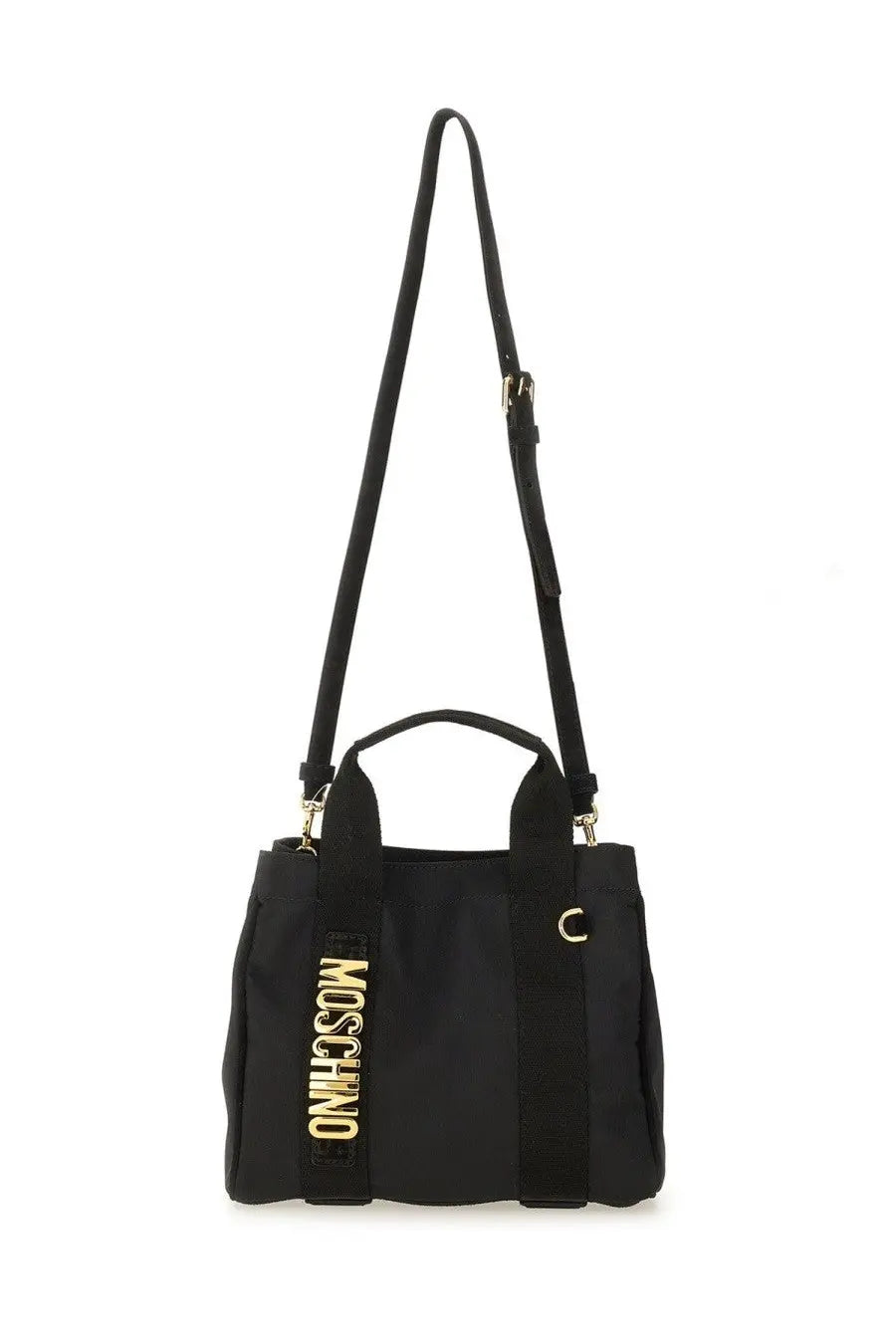 Black Moschino women’s tote bag with gold-tone lettering and matching shoulder strap for stylish everyday use