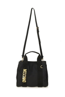 Black Moschino women’s tote bag with gold-tone lettering and matching shoulder strap for stylish everyday use