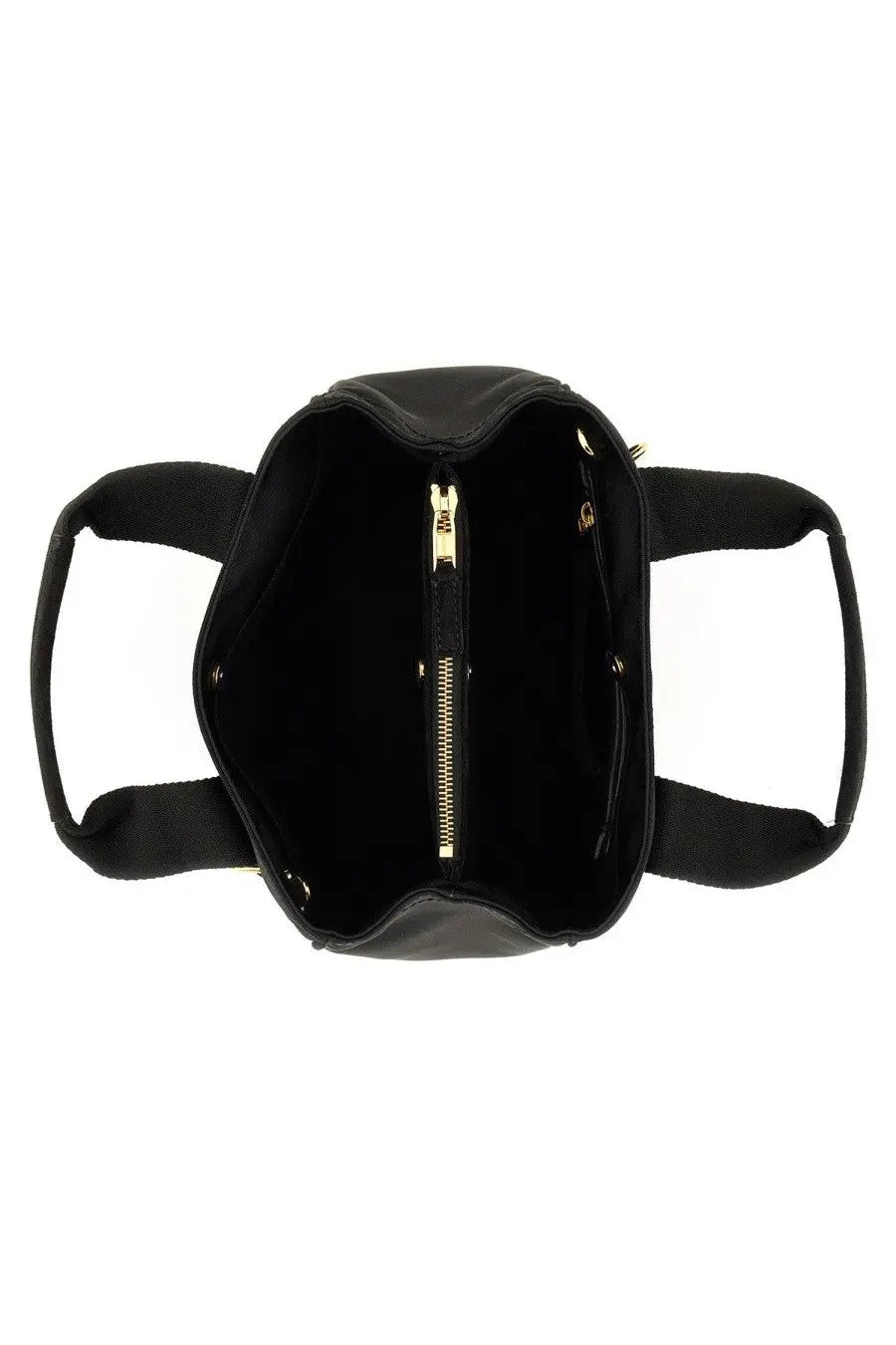 Black Moschino women’s tote bag with gold-tone zipper and fabric handles for stylish everyday use
