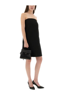 Black leather mini handbag with top handle and flap closure featured with moschino women’s bandage sheath dress black