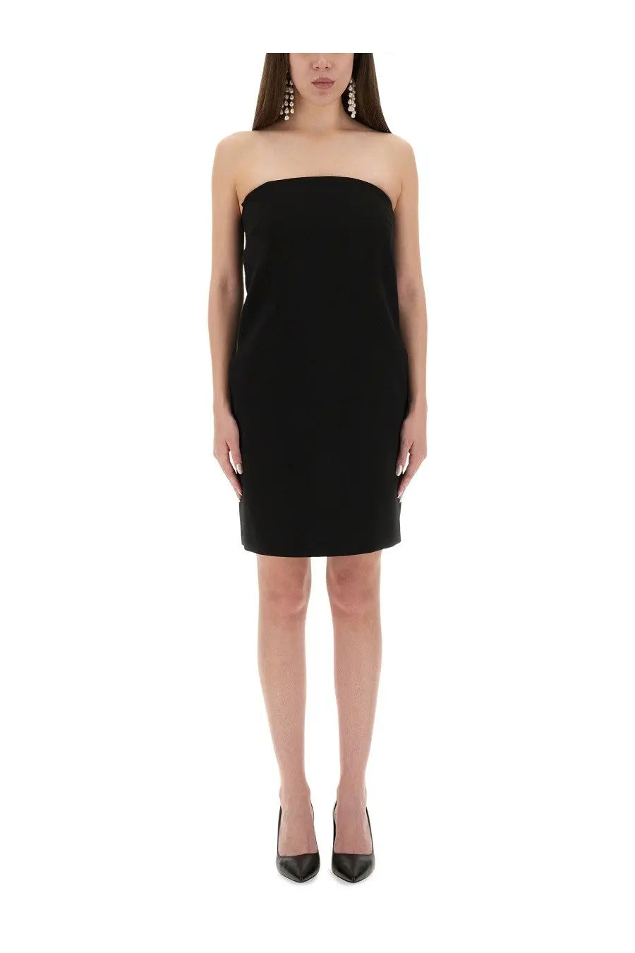 Moschino women’s black bandage sheath dress with strapless neckline and sleek form fitting silhouette
