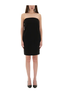 Moschino women’s black bandage sheath dress with strapless neckline and sleek form fitting silhouette