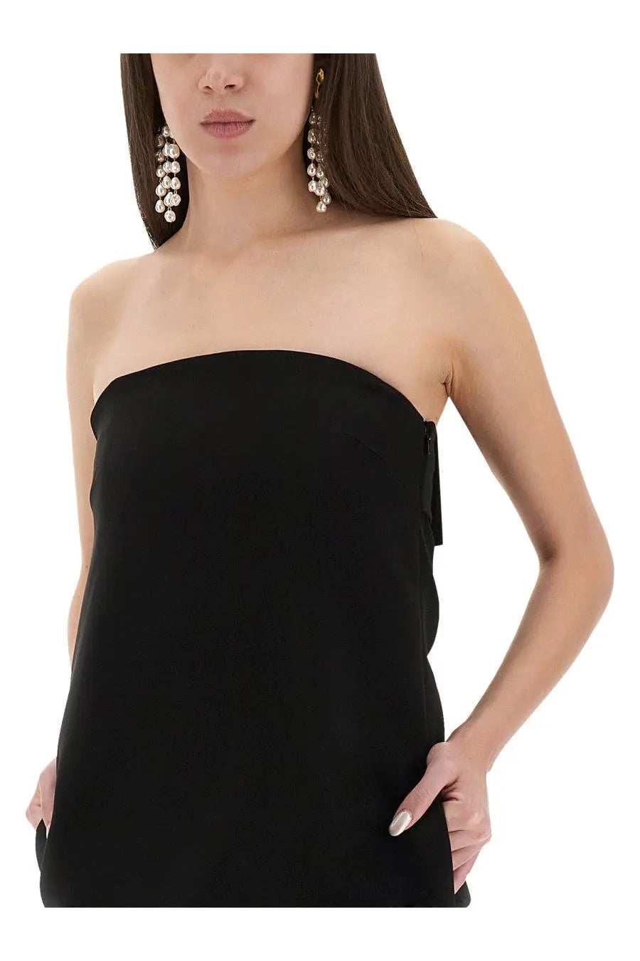 Moschino women’s black bandage sheath dress with soft flowing fabric and subtle side tie detail strapless design