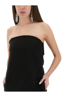 Moschino women’s black bandage sheath dress with soft flowing fabric and subtle side tie detail strapless design