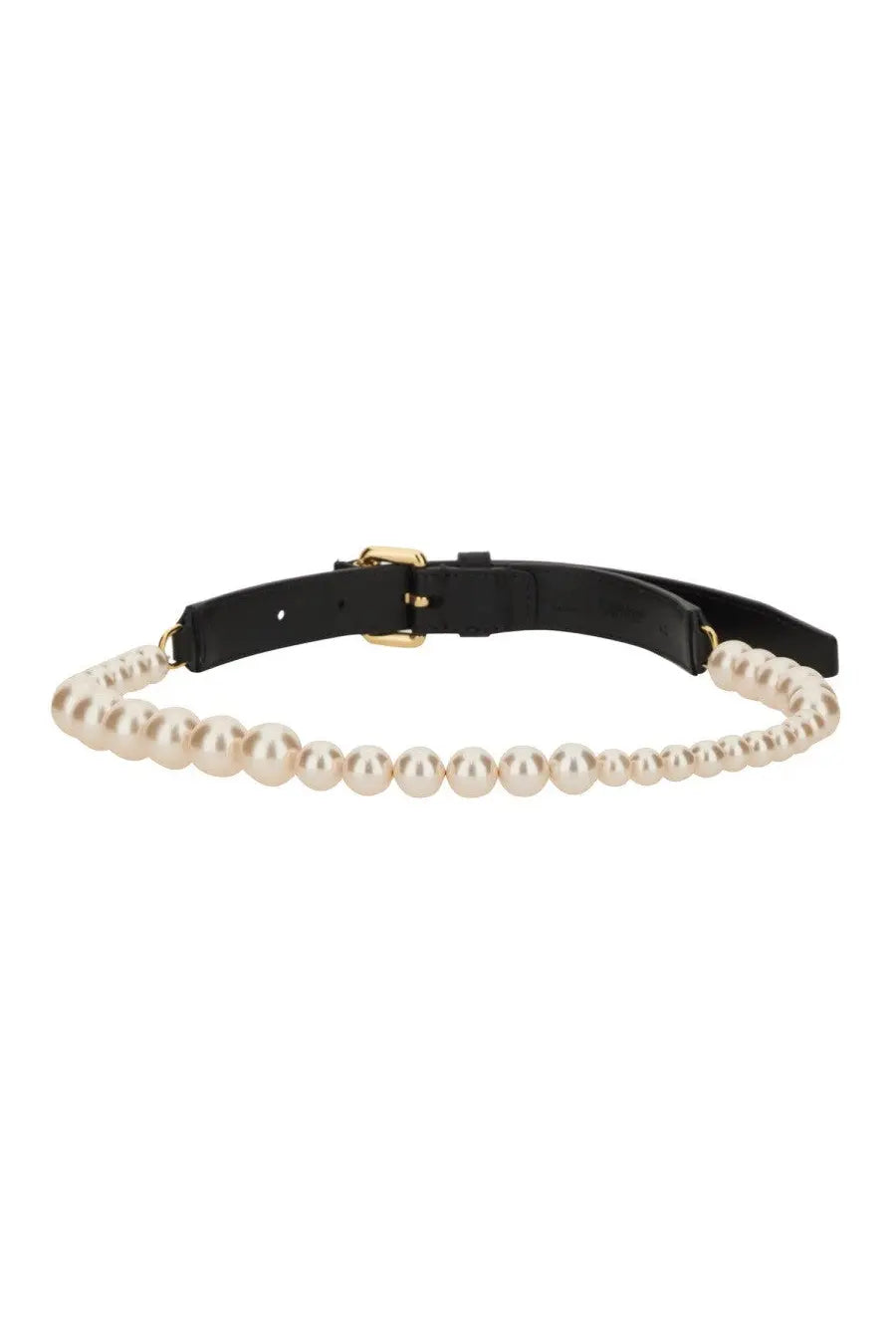 Moschino women’s black leather belt with creamy white pearls and gold-toned buckle for stylish accessorizing