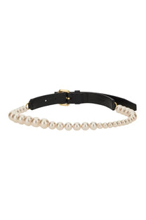 Moschino women’s black leather belt with creamy white pearls and gold-toned buckle for stylish accessorizing