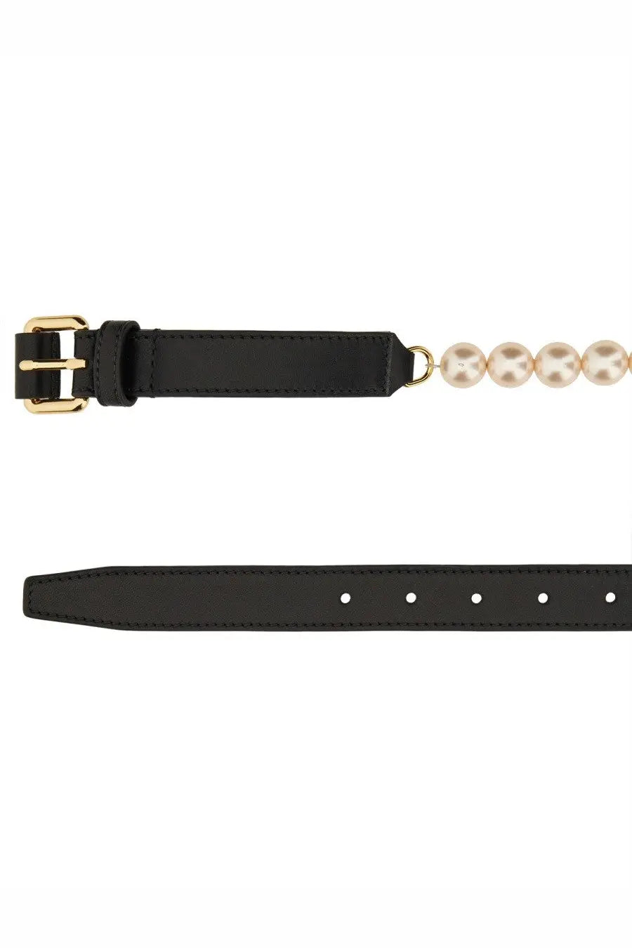 Moschino women’s black leather belt with gold-tone buckle and decorative cream-colored pearl strand