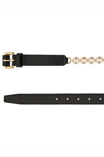 Moschino women’s black leather belt with gold-tone buckle and decorative cream-colored pearl strand