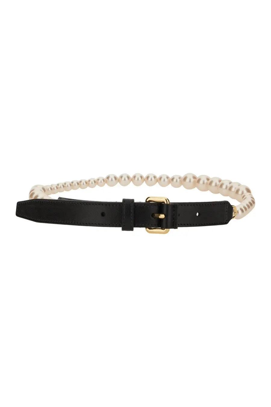 Moschino women’s black leather belt with cream pearls along the length and a gold-tone buckle