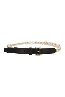 Moschino women’s black leather belt with cream pearls along the length and a gold-tone buckle