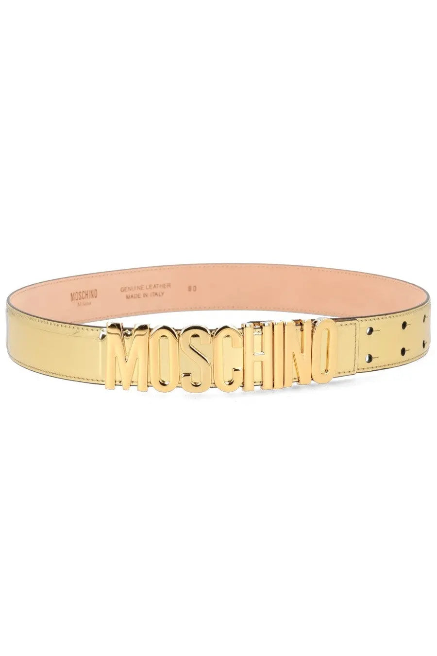 Moschino women’s gold-tone belt with glossy leather strap and bold raised lettering for stylish wear