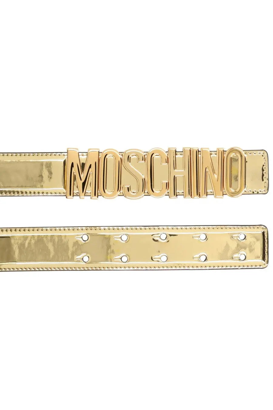 Gold-tone metallic Moschino women’s belt with embossed logo and stud detailing for stylish waist accessory