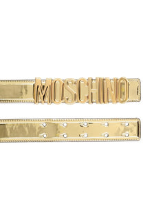 Gold-tone metallic Moschino women’s belt with embossed logo and stud detailing for stylish waist accessory