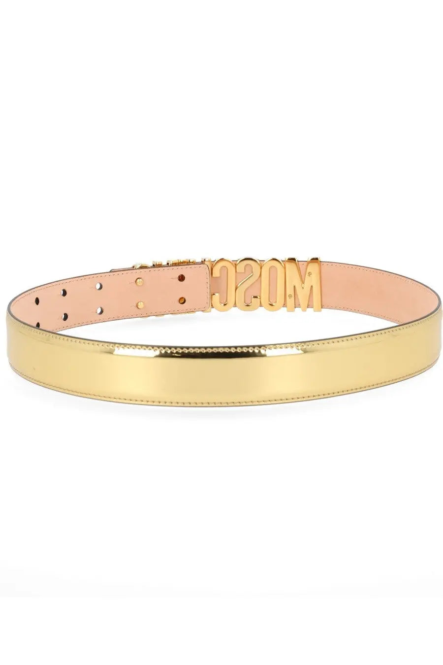 Moschino women’s gold belt with a gold-tone metallic sleek reflective surface and raised logo lettering on one end