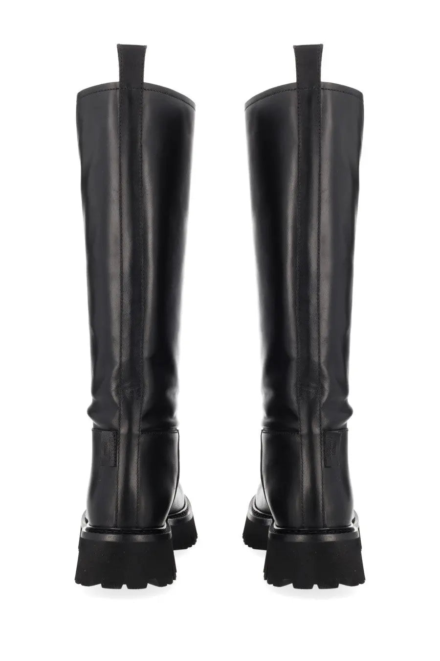 Moschino women’s black leather knee-high boots with chunky sole and back pull tabs shown from the back side