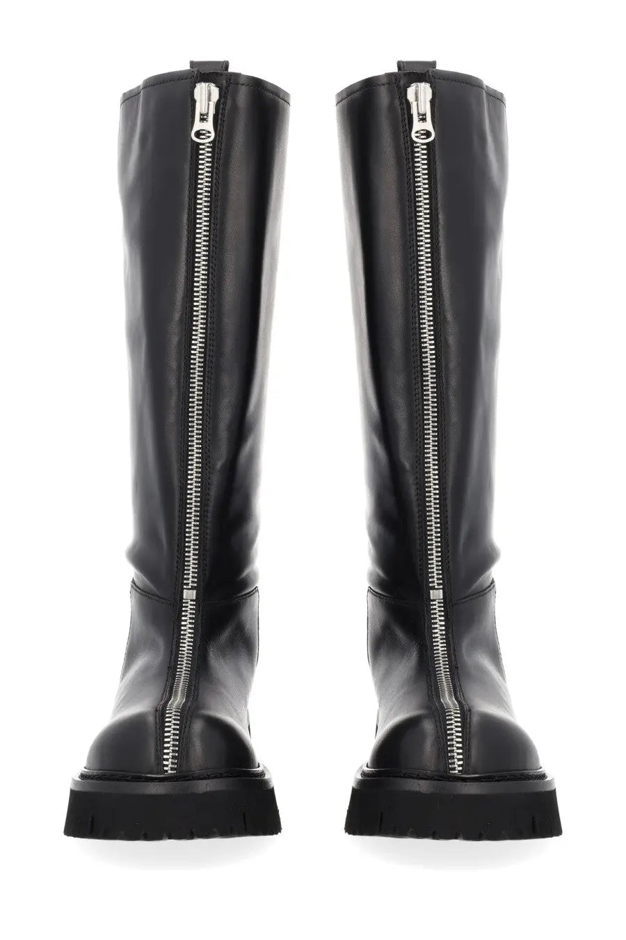 Moschino women’s black leather knee-high boots with silver center zipper and thick chunky soles