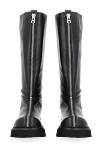 Moschino women’s black leather knee-high boots with silver center zipper and thick chunky soles