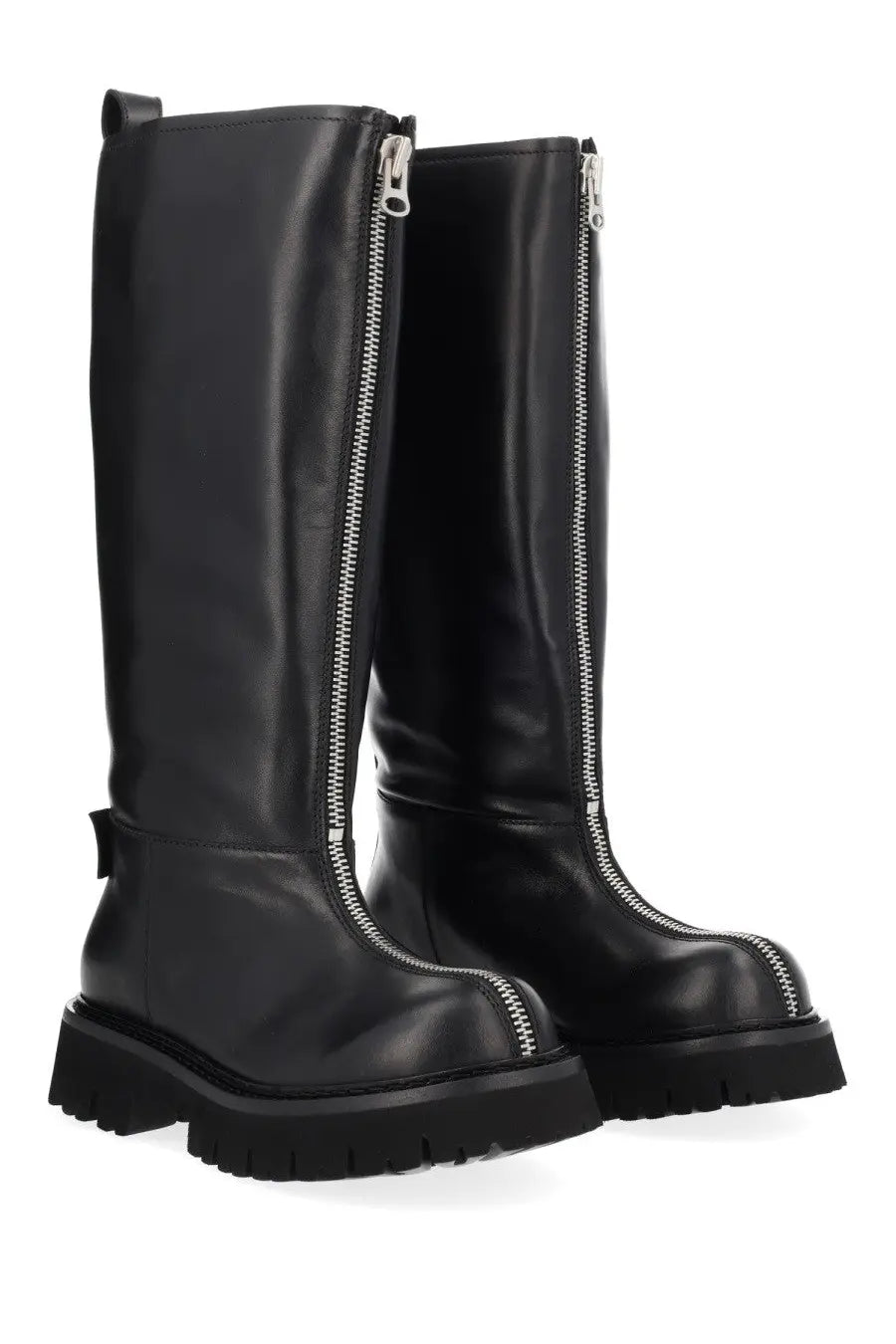Moschino women’s black leather knee-high boots with silver front zippers and chunky textured sole