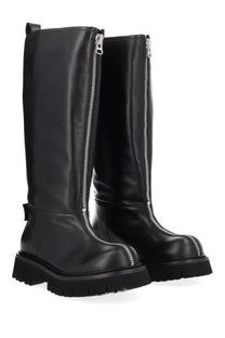 Moschino women’s black leather knee-high boots with silver front zippers and chunky textured sole