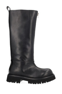 Moschino women’s black leather knee-high boot with chunky textured sole and silver side zipper
