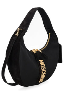 Moschino women’s black leather borsa carry hobo bag with gold-tone zippers and moschino logo strap