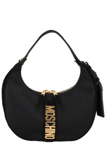 Moschino women’s borsa carry black hobo bag with gold-tone lettering and zipper hardware in leather material