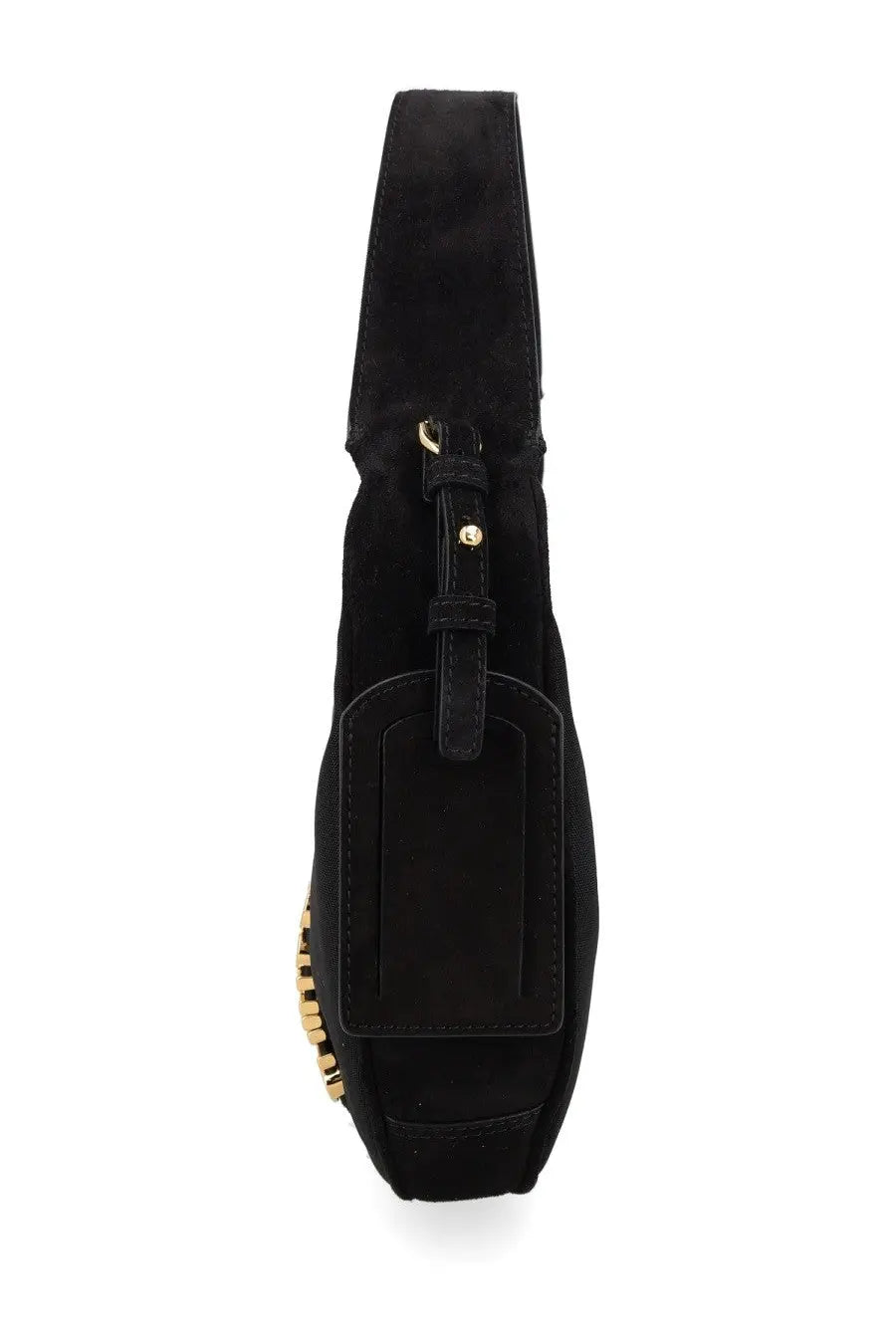 Moschino women’s borsa carry black suede crossbody bag with gold-tone hardware and rectangular flap closure