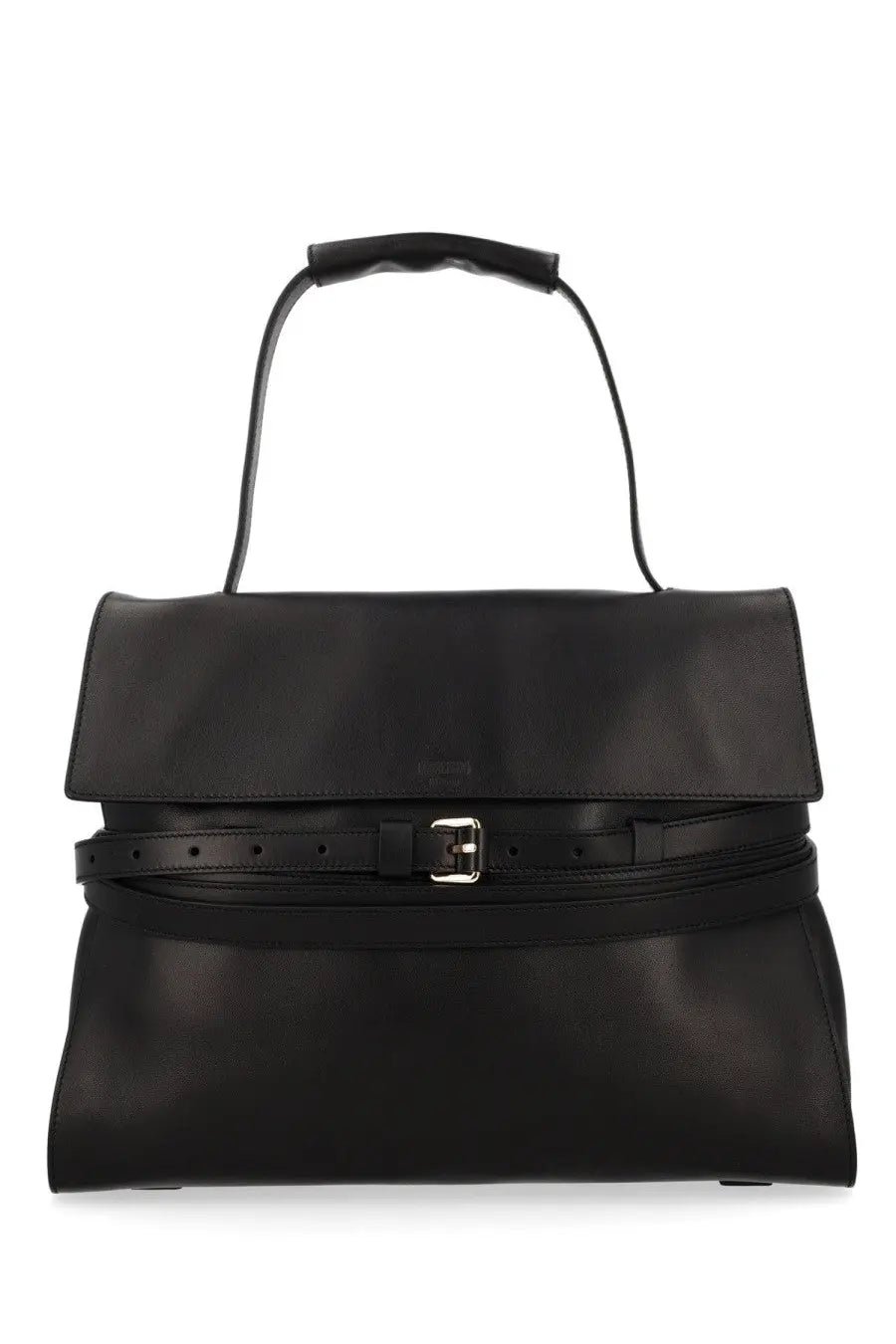 Moschino women’s borsa tie me medium black satchel in black leather with top flap adjustable belt strap and silver buckle