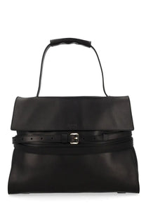 Moschino women’s borsa tie me medium black satchel in black leather with top flap adjustable belt strap and silver buckle