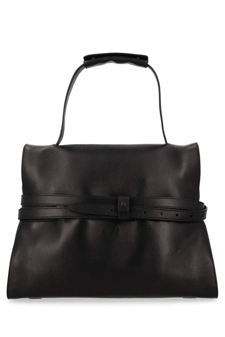 Moschino women’s borsa tie me medium black leather satchel with structured rectangular body and belt-style front strap