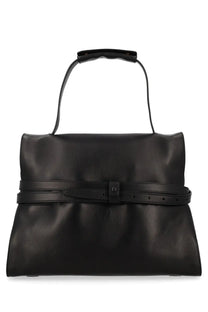 Moschino women’s borsa tie me medium black leather satchel with structured rectangular body and belt-style front strap