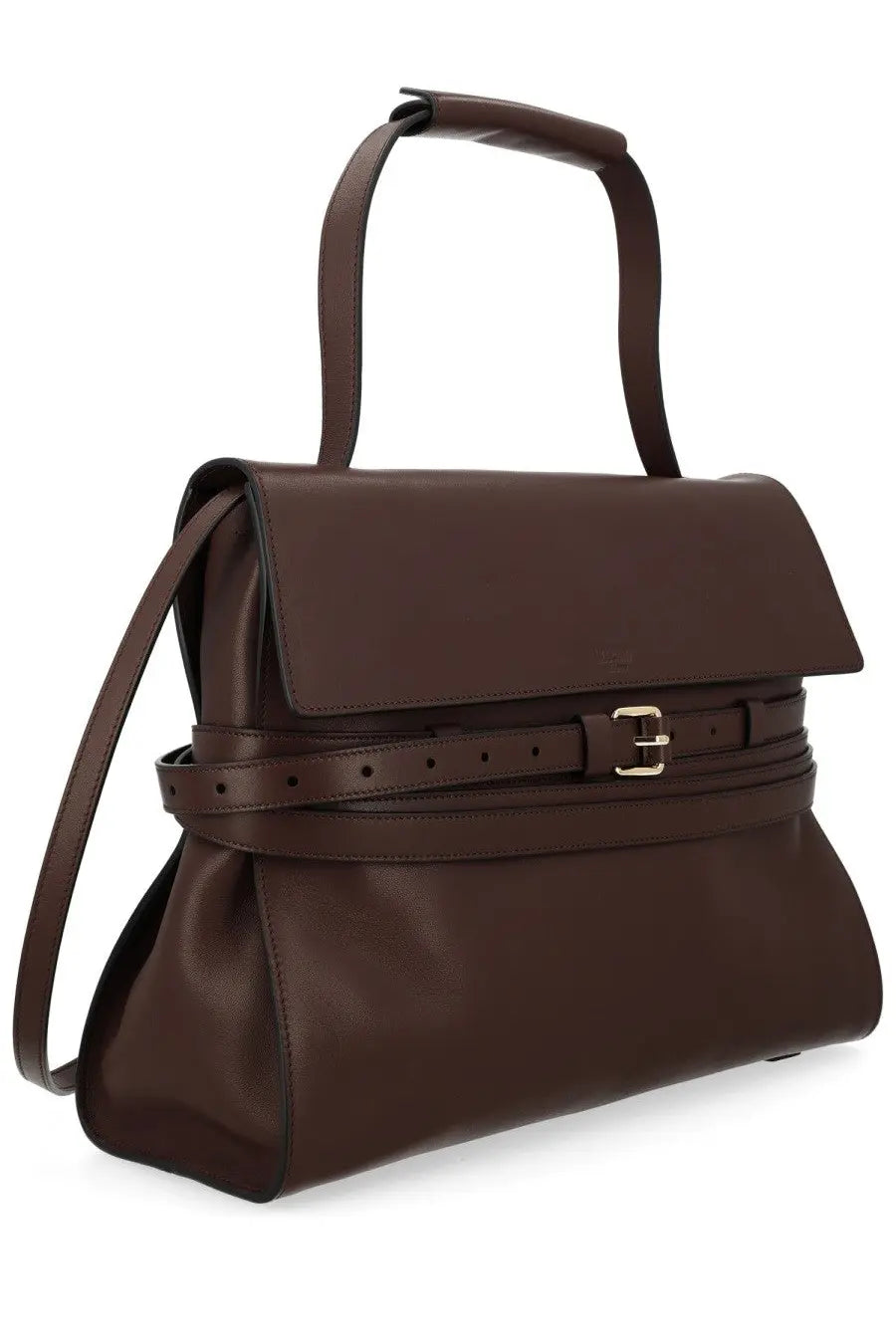 Moschino women’s borsa tie me medium brown leather handbag with structured flap gold-tone buckle strap and top handle