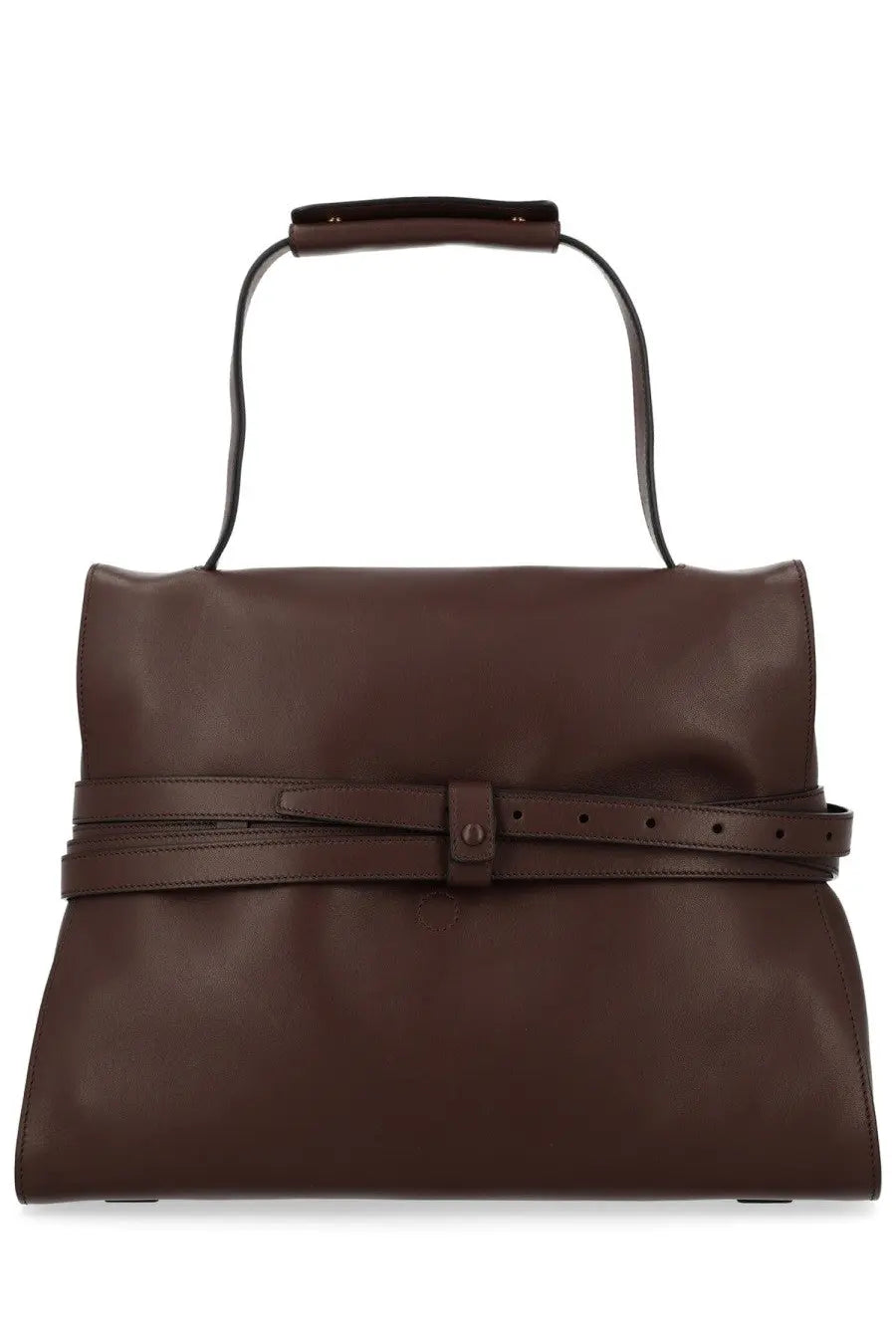 Moschino women’s borsa tie me medium brown leather satchel with matching belt-style strap and top handle
